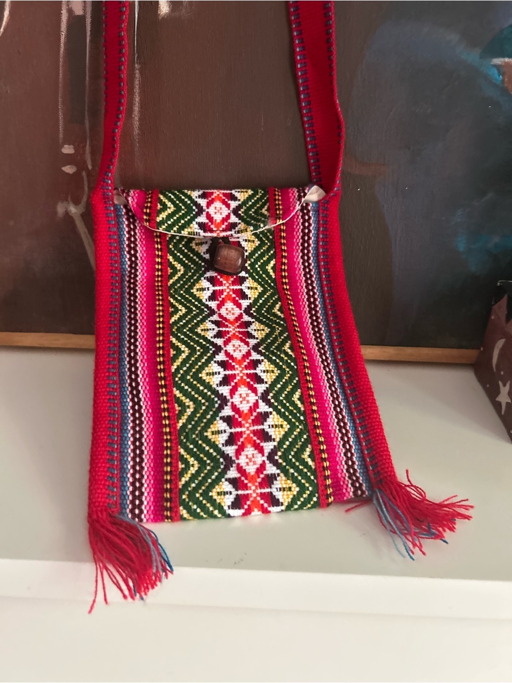 Vintage Handwoven Woven Boho Crossbody Bag Red Pink Ethnic Festival Fringe Purse - Picture 8 of 10